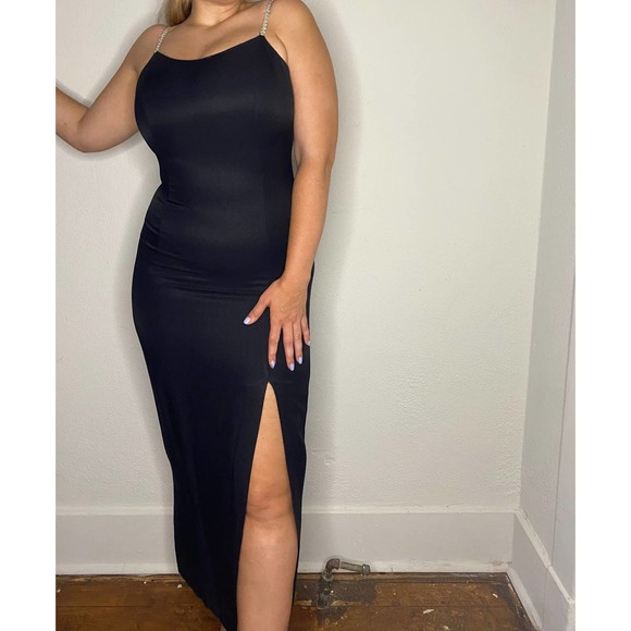 Gunnie Sax Black Tight Midi Dress with Front Leg Slit & Rhinestone Straps 9/10 - Picture 2 of 16
